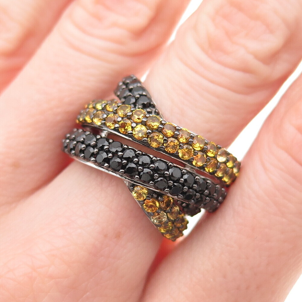 925 Sterling Silver Real Yellow Topaz & Black Spinel Crisscross Ring Size 7.25
